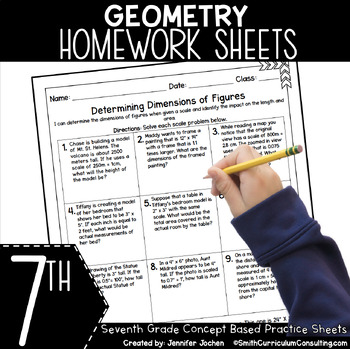 Preview of 7th Grade Math Homework Sheets Geometry - Math Worksheet Area Volume