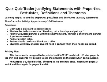 Preview of Geometry Justifying Statements Quiz-Quiz-Trade