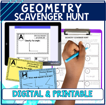 Preview of Geometry Lines Angles Symmetry Task Card Scavenger Hunt Test Prep 4th Grade Math