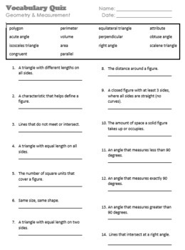 Preview of Geometry & Measurement Vocabulary Quiz- Editable w/ Answer Key
