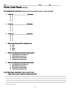Preview of Geometry- Points Lines and Planes-  Exit  Ticket,  Quiz or Homework