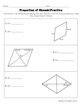 Geometry Properties of Rhombi Practice Worksheet by My Oh Math TPT