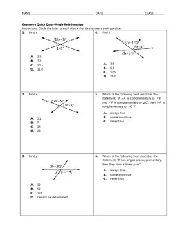 Preview of Geometry Quick Quiz - Angle Relationships