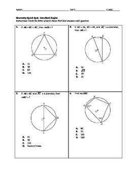 Geometry Quick Quiz - Inscribed Angles by Math Solutions Infinity
