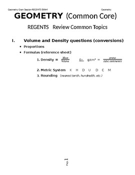 Preview of Geometry - Regents Review - Topics on Final (Grade 9 and 10)