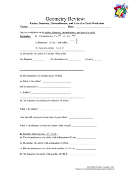 Preview of Geometry Review: Radius, Diameter, Circumference, and Area of a Circle Worksheet