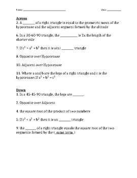 Geometry Right Triangles Crossword by Math With Mrs Mix TPT