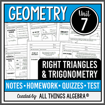 Preview of Right Triangles and Trigonometry (Geometry - Unit 7) | All Things Algebra®