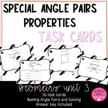 Preview of Geometry Special Angles Properties Task Cards - Unit 3