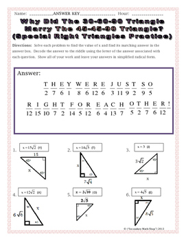 Right Triangles  Geometry Special Right Triangles Practice Riddle Worksheet