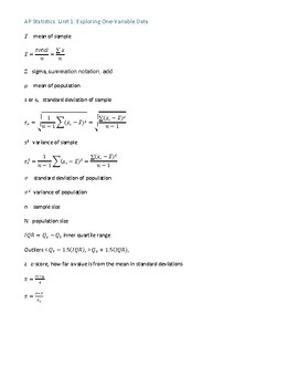 Preview of AP Statistics Unit 1 Notations and Equations