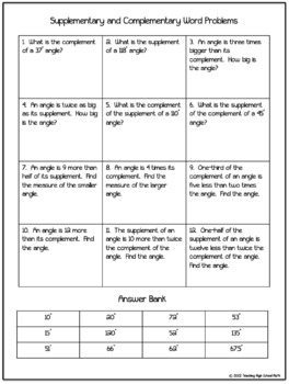 Geometry Supplementary and Complementary Angles Word Problems | TpT