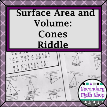 Preview of Surface Area and Volume - Cones Riddle Worksheet