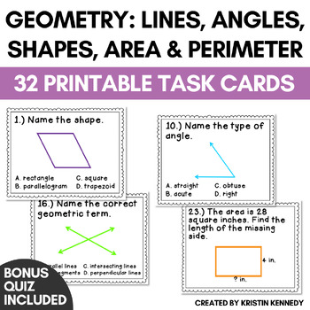 Preview of Lines and Angles, 2D Shapes, Area and Perimeter Geometry Task Cards