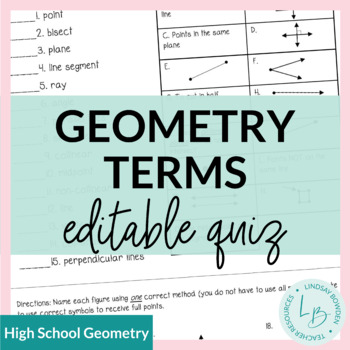 Geometry Terms Quiz By Lindsay Bowden Secondary Math TpT
