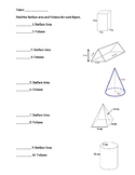 Geometry Test/Quiz/Worksheet  Volume and Surface Area