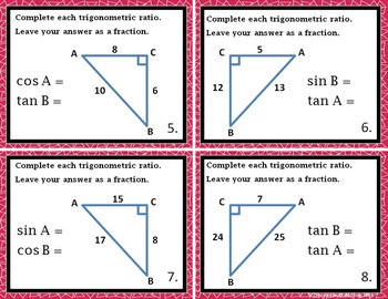 Right Triangles Trigonometry (Sine - Cosine - Tangent) Task Cards