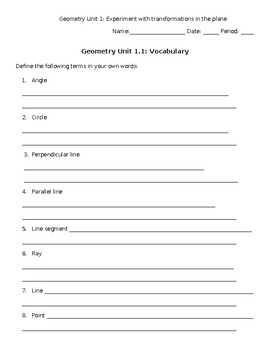 Preview of Geometry Unit 1 Vocabulary