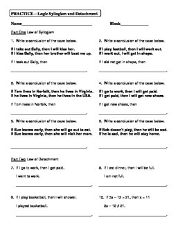 Geometry Unit 2 Logic Law of Syllogism and Law of Detachment Worksheet