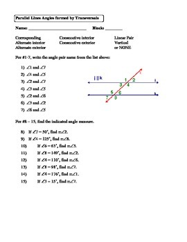 Geometry Unit 3 Parallel Lines Angles Formed By Transversals Worksheet
