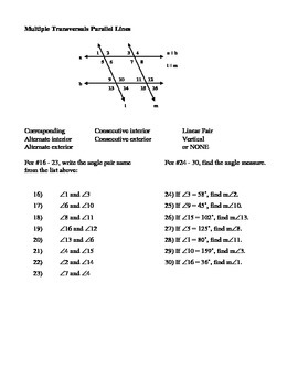 Geometry Unit 3 Parallel Lines Angles Formed Transversals Worksheet