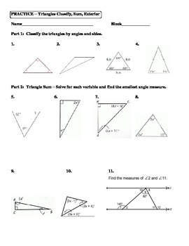 Geometry Unit 4 Triangles Classify Sum And Remote Exterior Worksheet