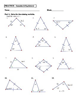 isosceles and equilateral triangles algebra worksheet