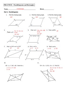 Geometry Unit 5 Parallelograms and Rectangles Practice Worksheet
