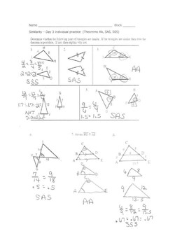Geometry Unit 9 - Prove Similar Triangles by AA SAS SSS Worksheet