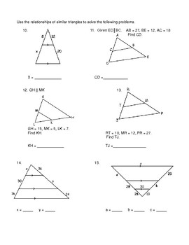 Geometry Unit 9 - Solve Similar Triangles and Word Problems Worksheet