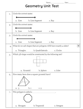 Preview of Geometry Unit Test