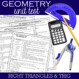 Geometry Unit Test : Right Triangles and Trigonometry Editable