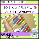 Geometry Unit Test & Study Guide 2D/3D shapes Grade 8 Onta
