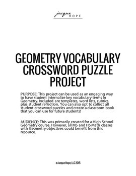 Preview of Geometry Vocabulary Crossword Puzzle Project