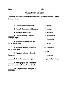Geometry Vocabulary Quiz by live2teach123 | Teachers Pay Teachers