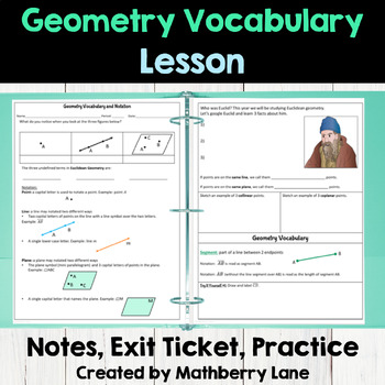 Preview of Geometry Vocabulary Terms and Notation Introduction Lesson Plan