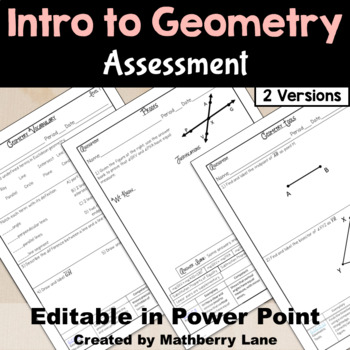 Preview of Geometry Vocabulary and Intro to Proofs Assessment Test Editable Differentiated