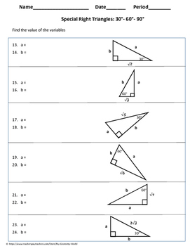 Geometry Worksheet 30 60 90 Triangles By My Geometry World Tpt