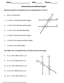 Geometry Worksheet: Transversals and Related Angles by My Geometry World
