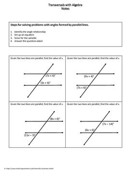 Geometry Worksheet: Transversals and Related Angles with Algebra