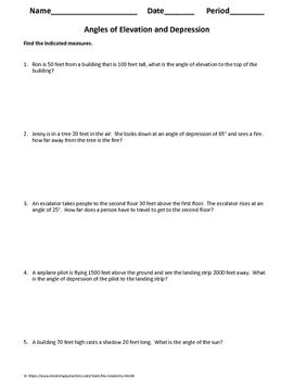 Geometry Worksheet: Angle of Elevation and Depression by My Geometry World