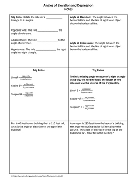 Geometry Worksheet: Angle of Elevation and Depression by My Geometry World