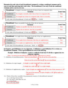 Geometry Worksheet - Biconditional Statements and Definitions by Word