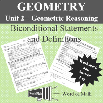 Preview of Geometry Worksheet - Biconditional Statements and Definitions