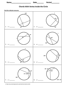 Geometry Worksheet: Chords - Vertex Inside the Circle by My Geometry World