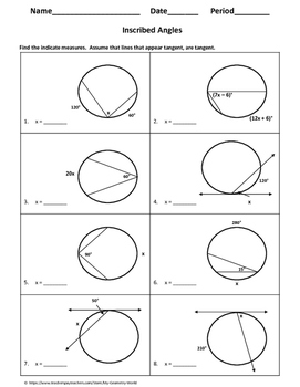 Geometry Worksheet: Inscribed Angles by My Geometry World | TpT