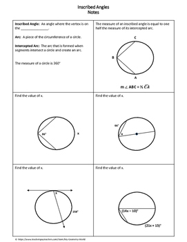 Geometry Worksheet: Inscribed Angles by My Geometry World | TpT