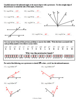 worksheet for measuring angles with protractor