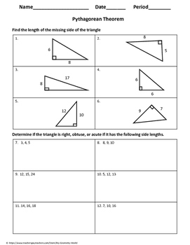 pythagorean theorem worksheet geometry