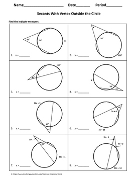 Geometry Worksheet: Secants - Vertex Outside the Circle by My Geometry ...